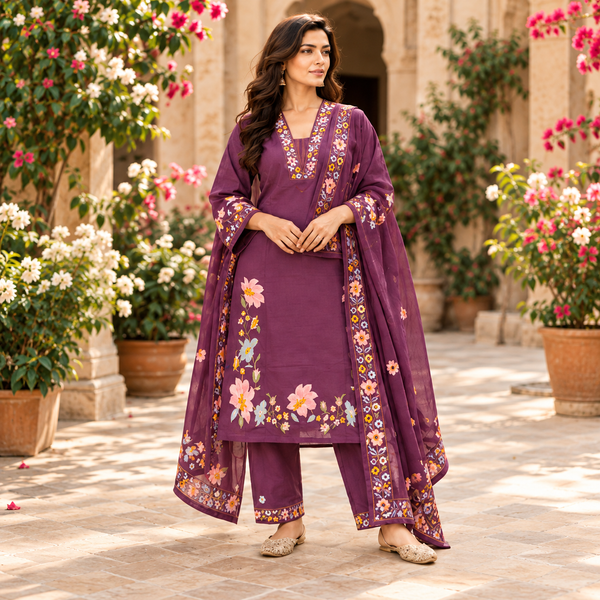 Purple Floral Embroidered Suit Set - photo 1