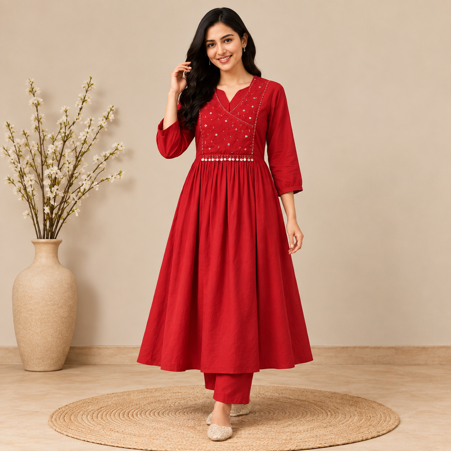 Red Cotton Flared Anarkali Kurta Set - photo 1