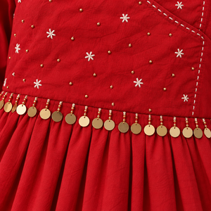 Red Cotton Flared Anarkali Kurta Set - photo 2