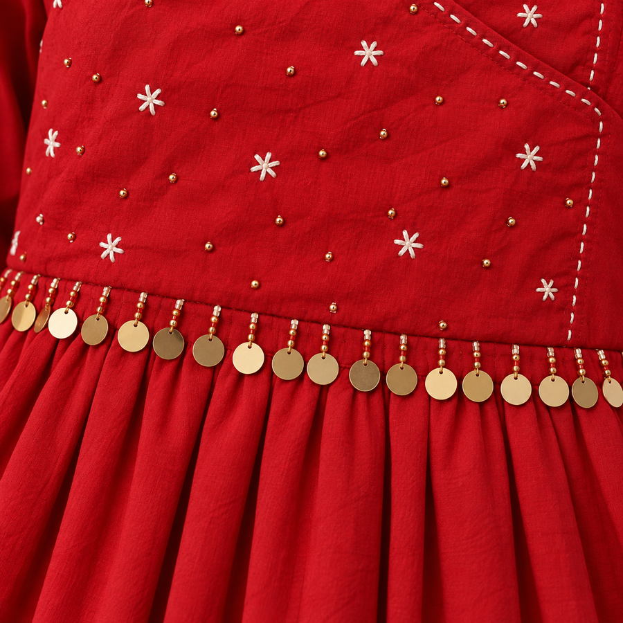 Red Cotton Flared Anarkali Kurta Set - photo 2