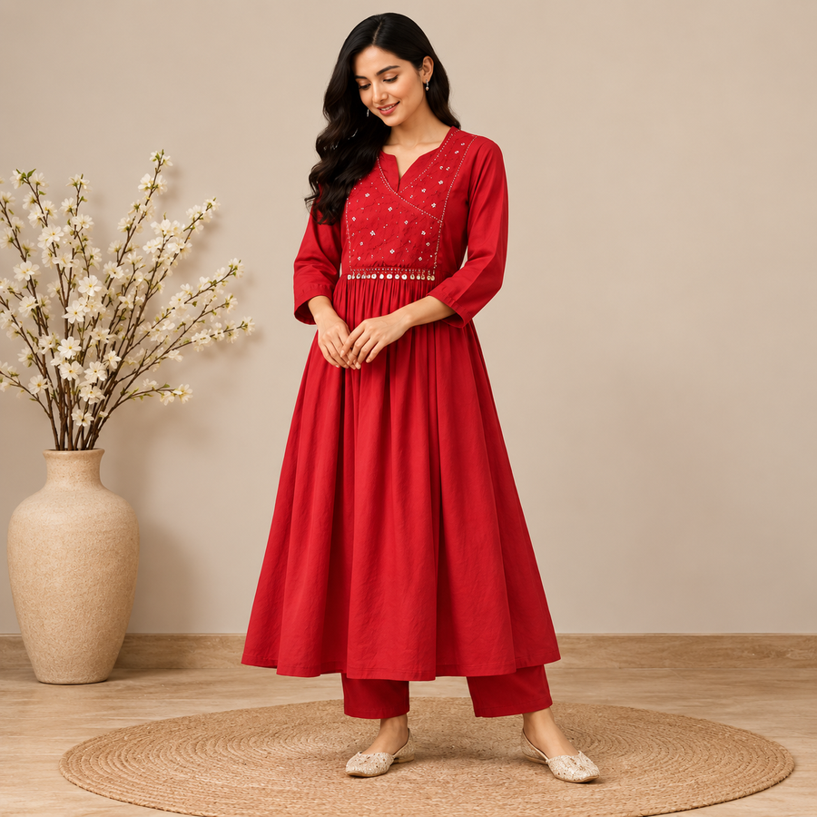 Red Cotton Flared Anarkali Kurta Set - photo 4