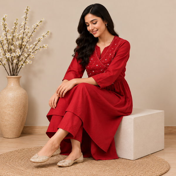 Red Cotton Flared Anarkali Kurta Set - photo 3