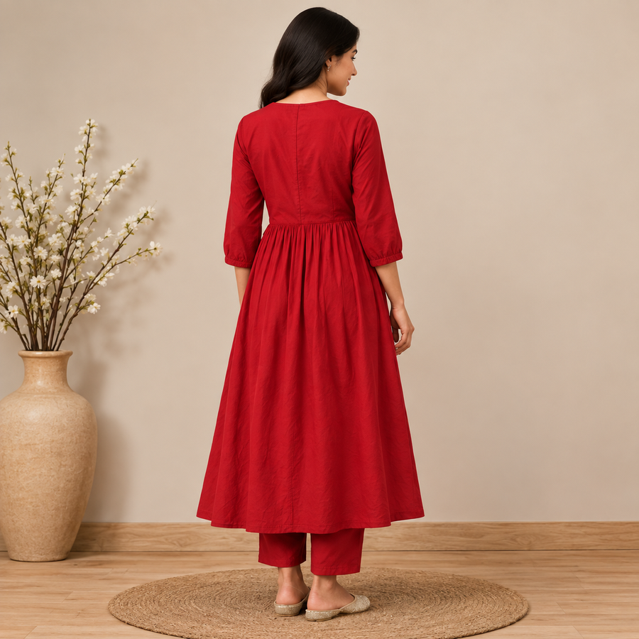 Red Cotton Flared Anarkali Kurta Set - photo 5