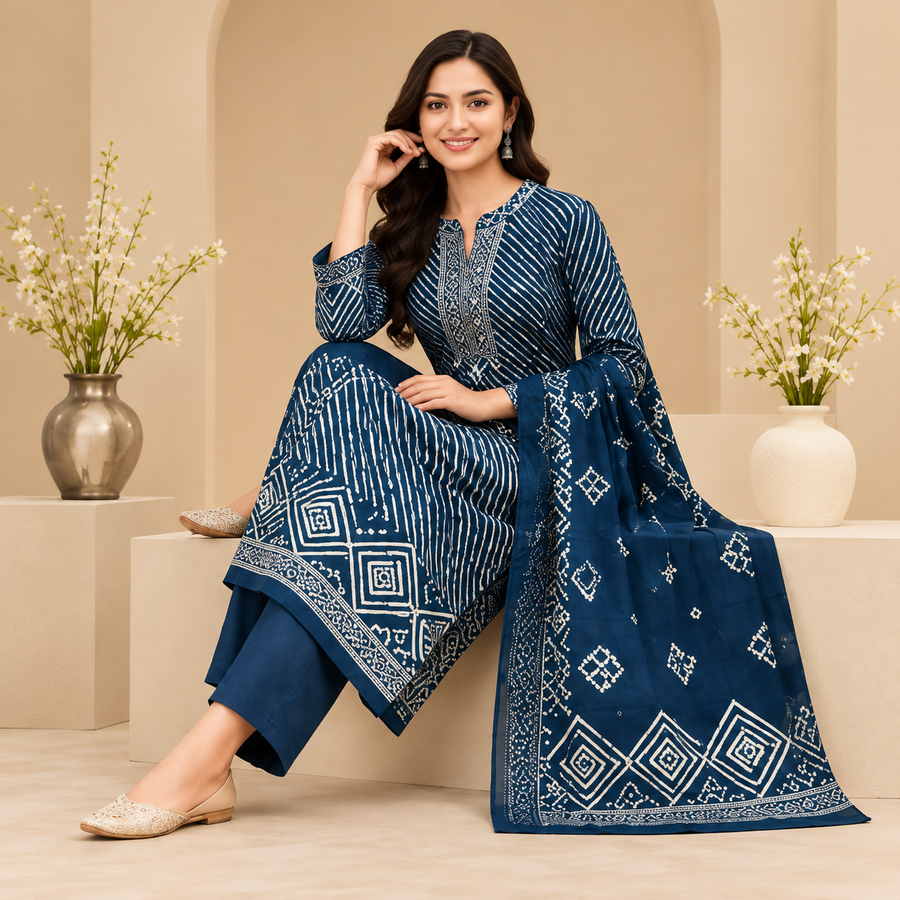 Navy Blue Printed Straight Kurta Set - photo 1