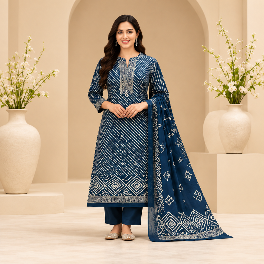 Navy Blue Printed Straight Kurta Set - photo 4