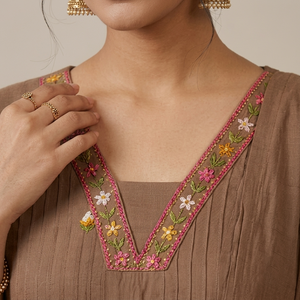 Mocha Brown Floral Embroidered Kurta Set - photo 4