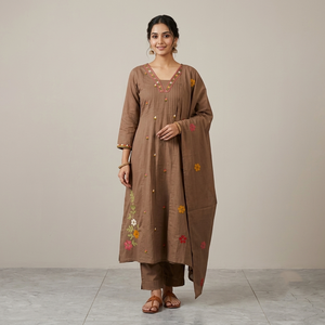 Mocha Brown Floral Embroidered Kurta Set - photo 3