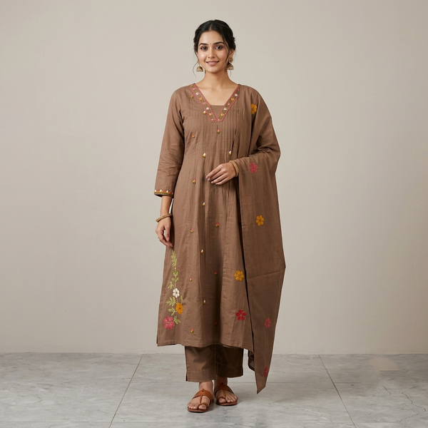 Mocha Brown Floral Embroidered Kurta Set - photo 3
