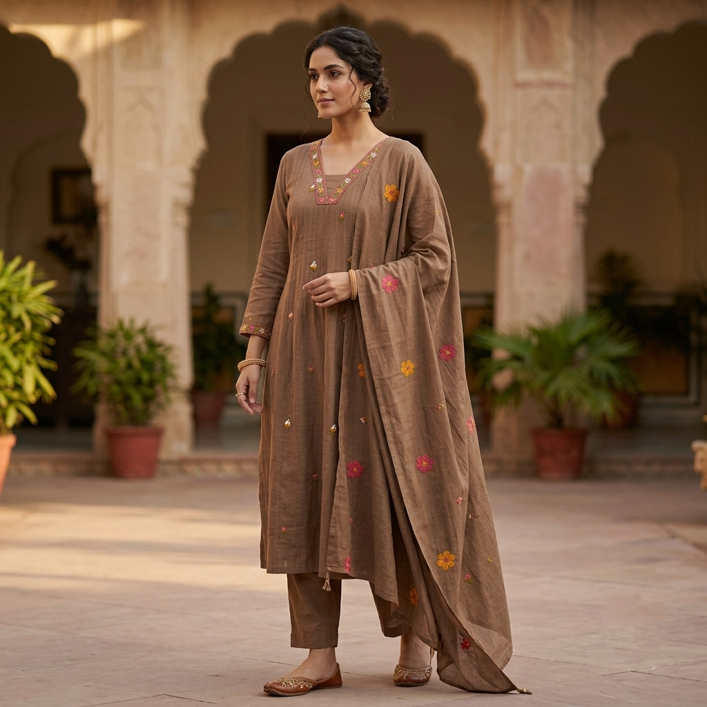 Mocha Brown Floral Embroidered Kurta Set