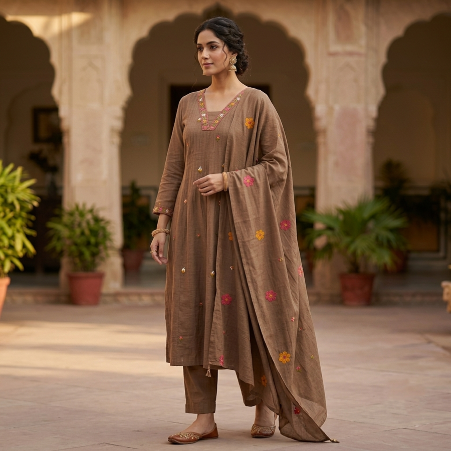 Mocha Brown Floral Embroidered Kurta Set - photo 1