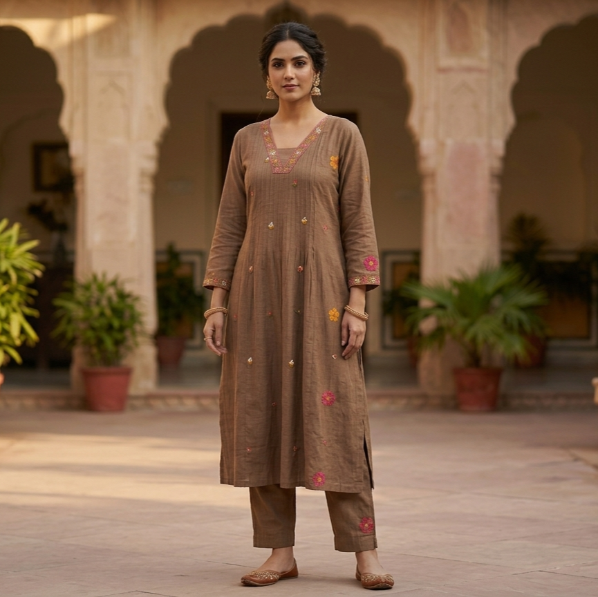 Mocha Brown Floral Embroidered Kurta Set - photo 5