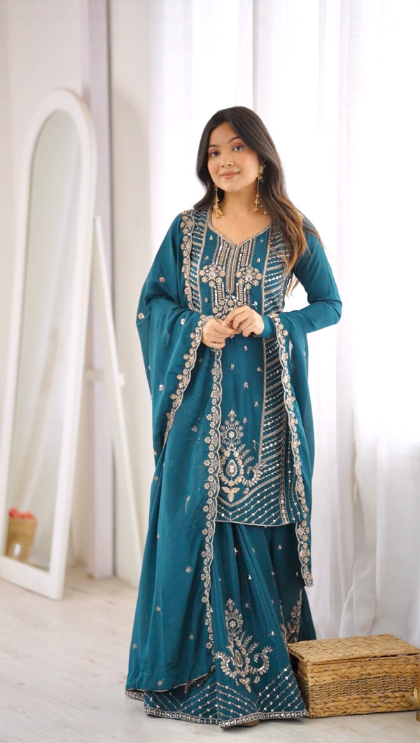 Premium Teal Blue Chinon Silk Embroidered Palazzo Suit Set with Dupatta