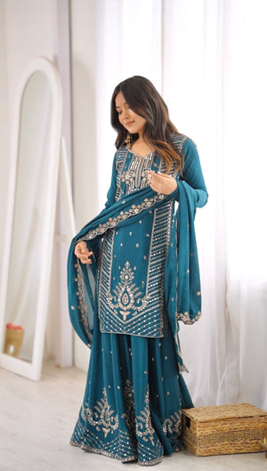 Premium Teal Blue Chinon Silk Embroidered Palazzo Suit Set with Dupatta