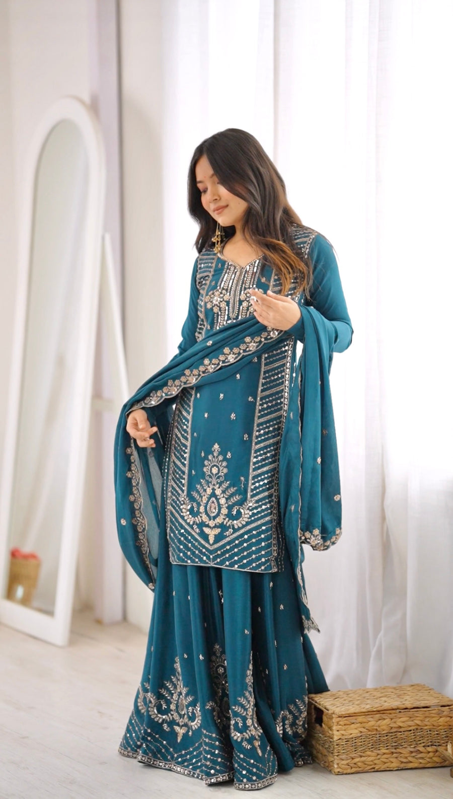 Premium Teal Blue Chinon Silk Embroidered Palazzo Suit Set with Dupatta