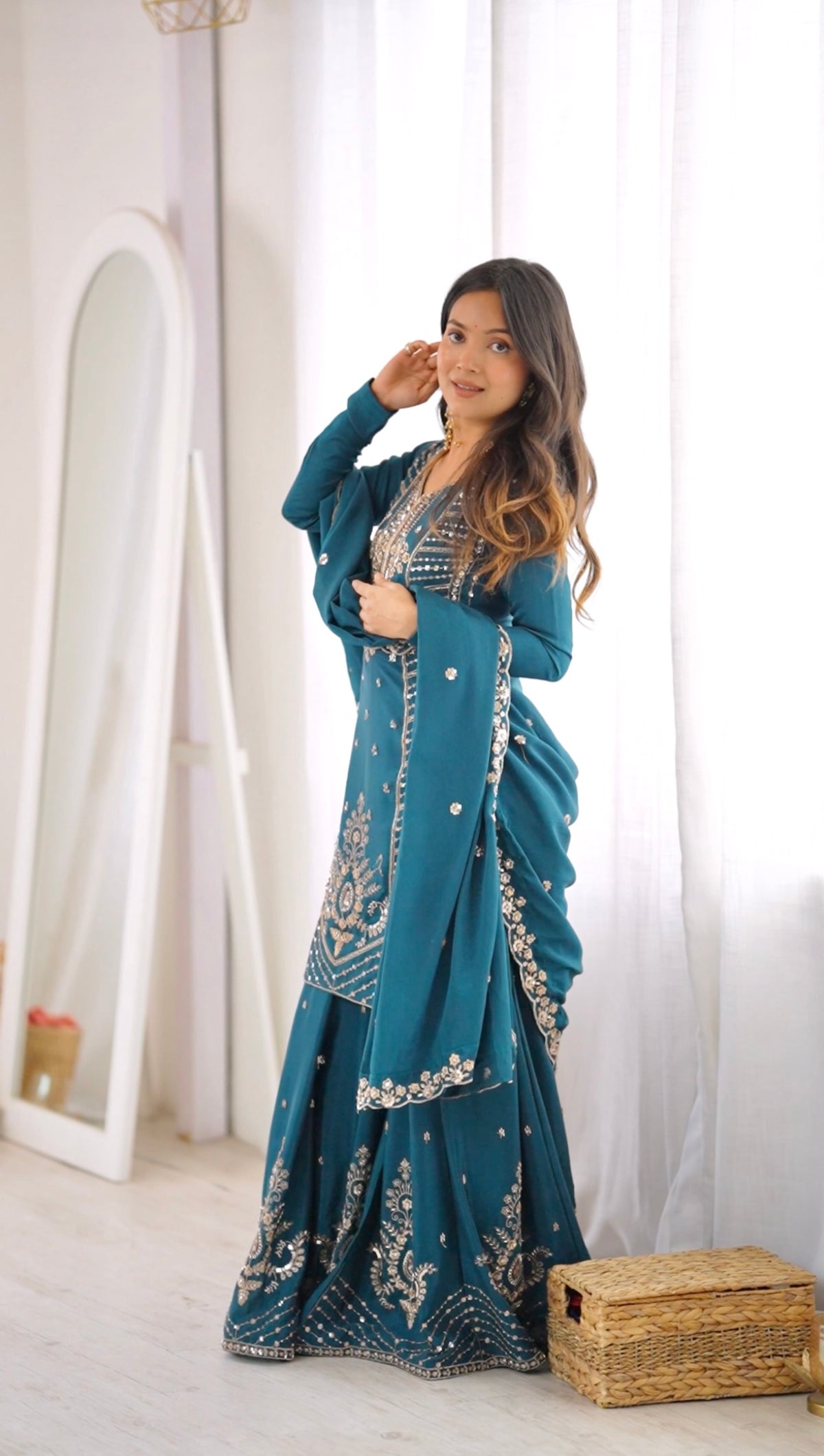Premium Teal Blue Chinon Silk Embroidered Palazzo Suit Set with Dupatta