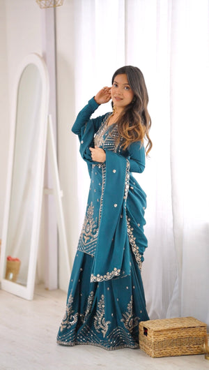 Premium Teal Blue Chinon Silk Embroidered Palazzo Suit Set with Dupatta