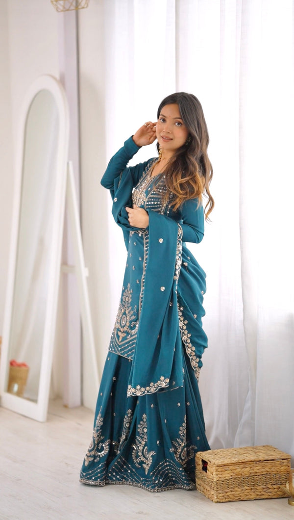 Premium Teal Blue Chinon Silk Embroidered Palazzo Suit Set with Dupatta