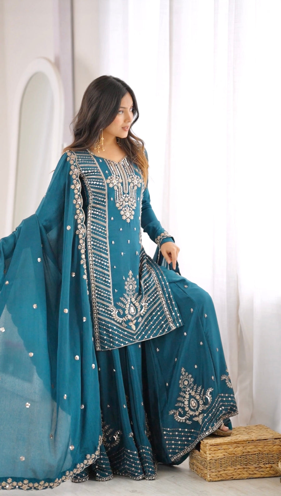 Premium Teal Blue Chinon Silk Embroidered Palazzo Suit Set with Dupatta