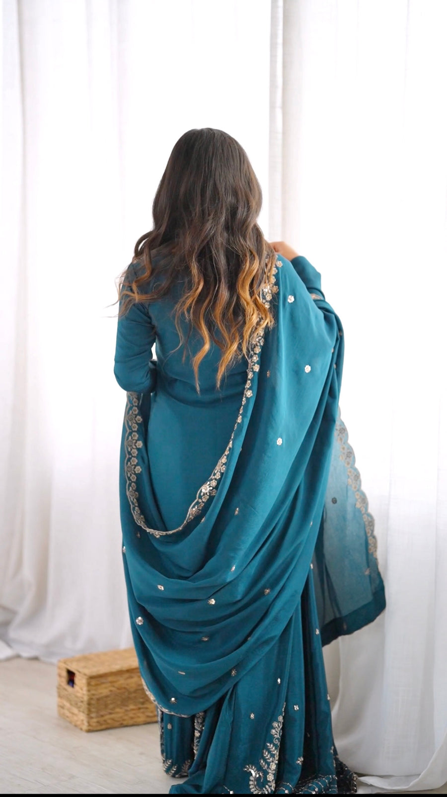 Premium Teal Blue Chinon Silk Embroidered Palazzo Suit Set with Dupatta