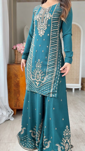 Premium Teal Blue Chinon Silk Embroidered Palazzo Suit Set with Dupatta