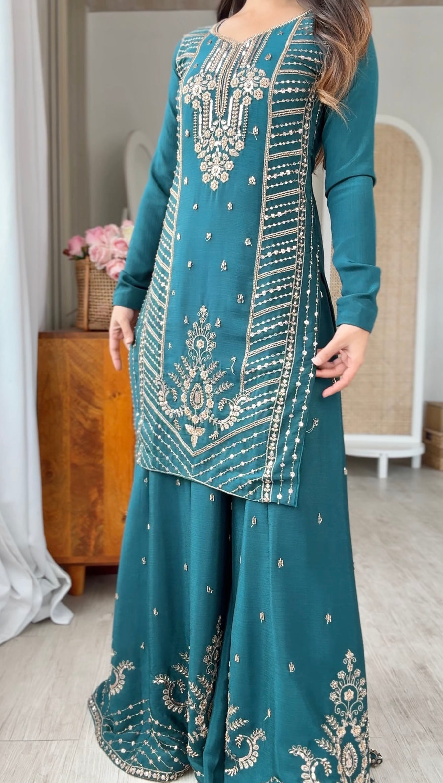 Premium Teal Blue Chinon Silk Embroidered Palazzo Suit Set with Dupatta