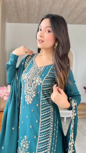 Premium Teal Blue Chinon Silk Embroidered Palazzo Suit Set with Dupatta