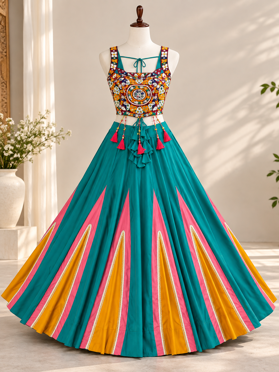 Designer Peacock Green & Pink Lehenga Choli with Mirror Work