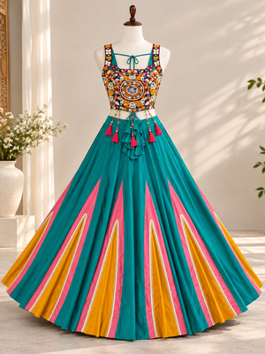 Designer Peacock Green & Pink Lehenga Choli with Mirror Work