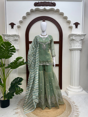 Pista Green Salsa Silk Sharara Suit Set with Embroidery & Striped Dupatta