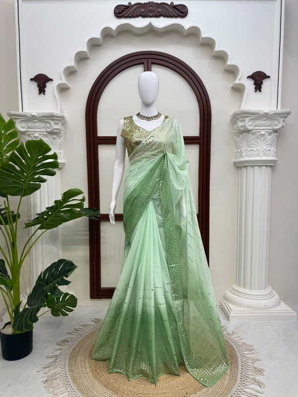 Mint Green & Emerald Green Foil Work Designer Saree with Golden Sequin Blouse