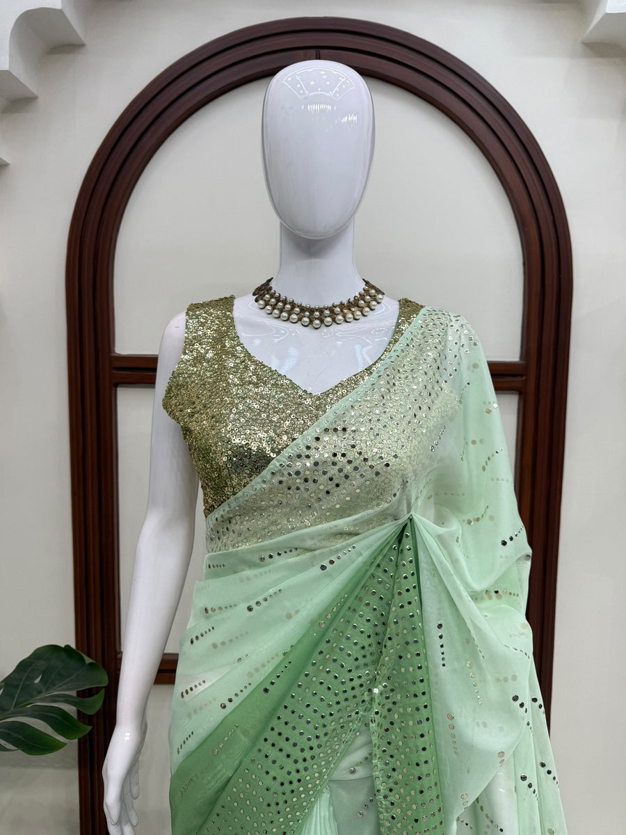 Mint Green & Emerald Green Foil Work Designer Saree with Golden Sequin Blouse