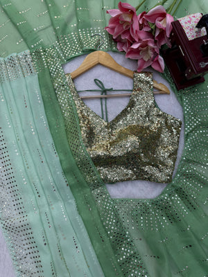 Mint Green & Emerald Green Foil Work Designer Saree with Golden Sequin Blouse