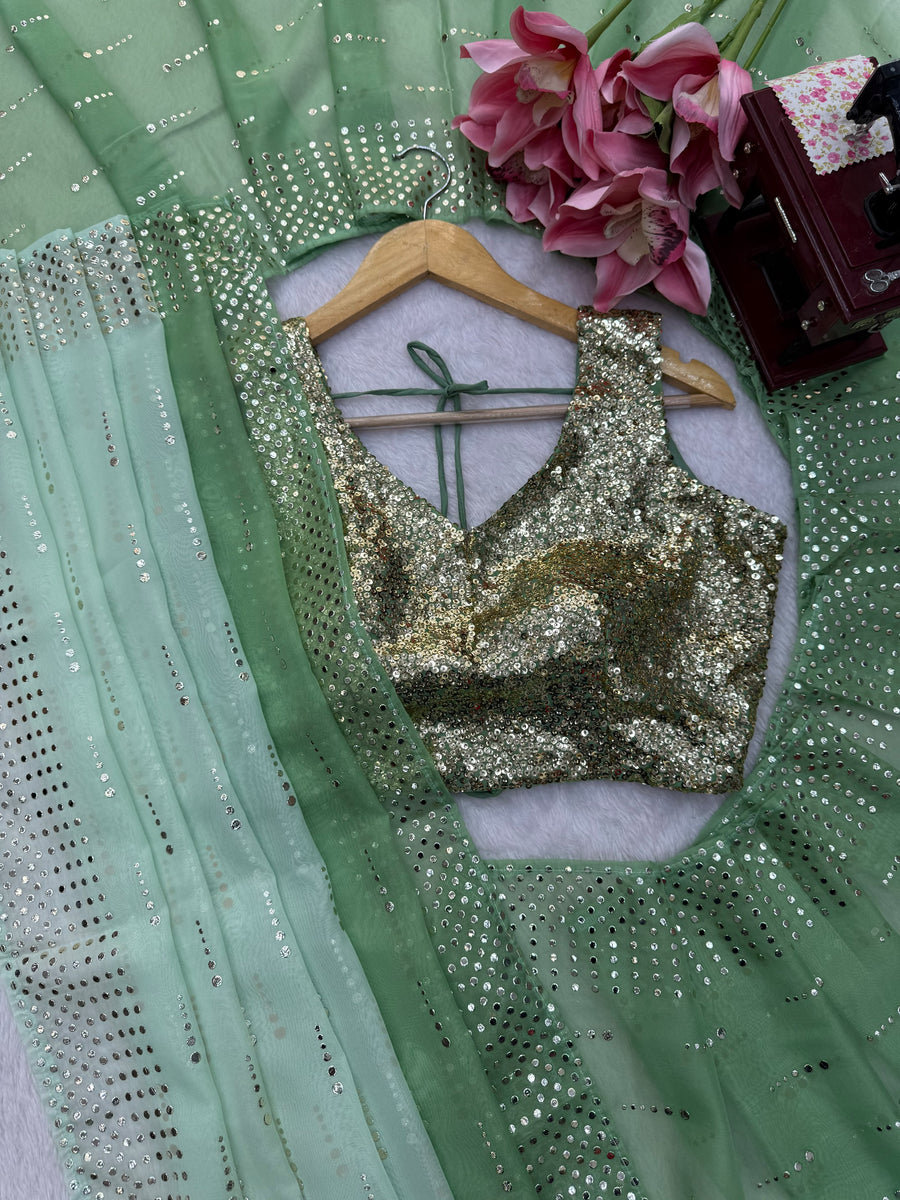 Mint Green & Emerald Green Foil Work Designer Saree with Golden Sequin Blouse