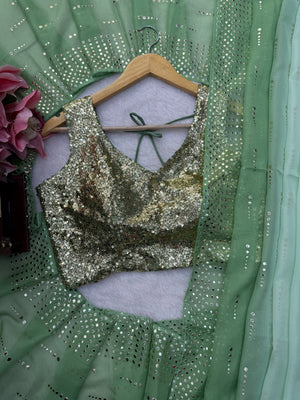 Mint Green & Emerald Green Foil Work Designer Saree with Golden Sequin Blouse