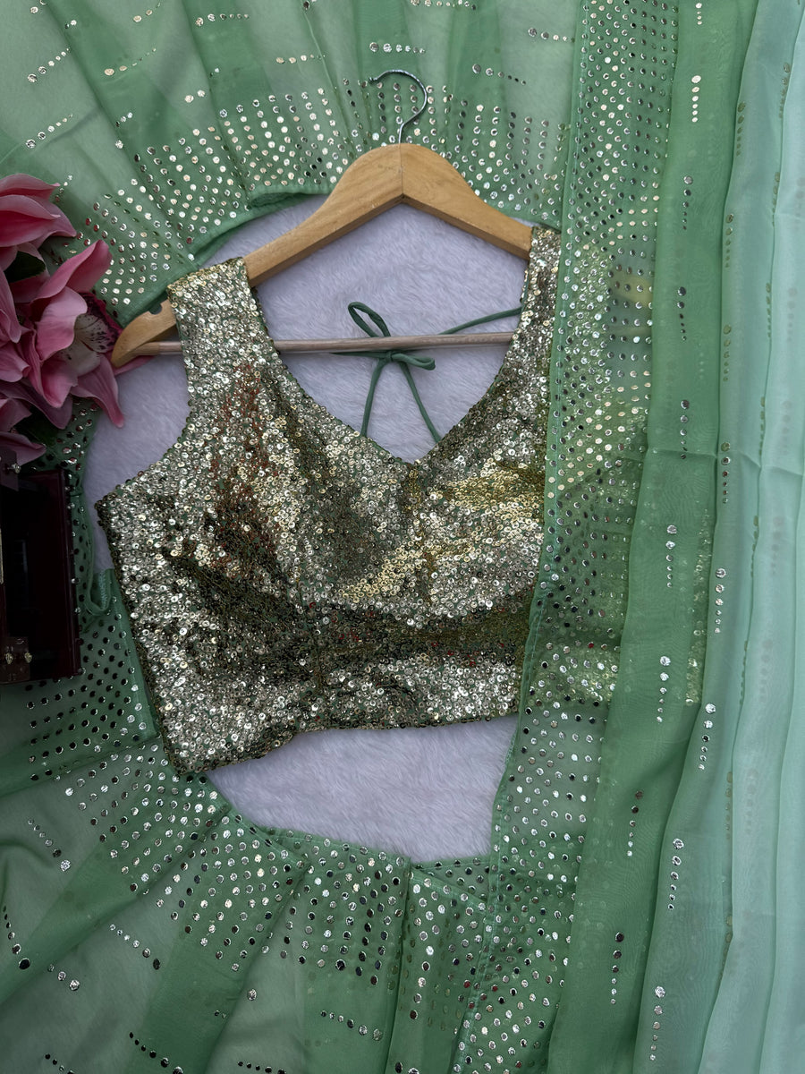 Mint Green & Emerald Green Foil Work Designer Saree with Golden Sequin Blouse
