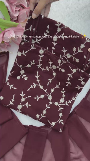 Premium Wine Georgette 3-Piece Embroidered Suit Set