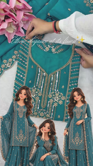 Premium Teal Blue Chinon Silk Embroidered Palazzo Suit Set with Dupatta