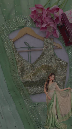 Mint Green & Emerald Green Foil Work Designer Saree with Golden Sequin Blouse
