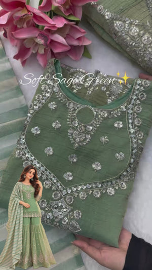Pista Green Salsa Silk Sharara Suit Set with Embroidery & Striped Dupatta