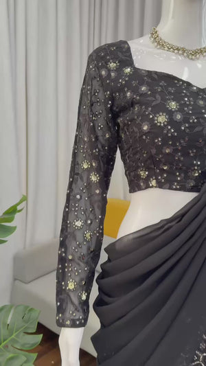 Black Embroidered Georgette Sharara Set with Designer Blouse & Dupatta