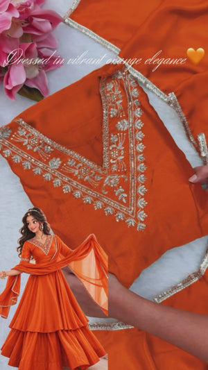 Premium Orange Chinon Silk Embroidered Top Palazzo Set with Dupatta