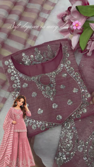 Premium Mauve Salsa Silk Sharara Suit Set with Embroidery & Sequins